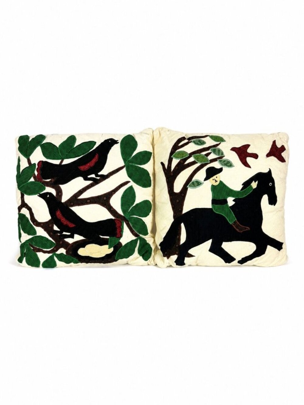 Folk Art Thow Pillows Pair Set 2 Appliquéd Horse Birds Trees Vintage Farmhouse